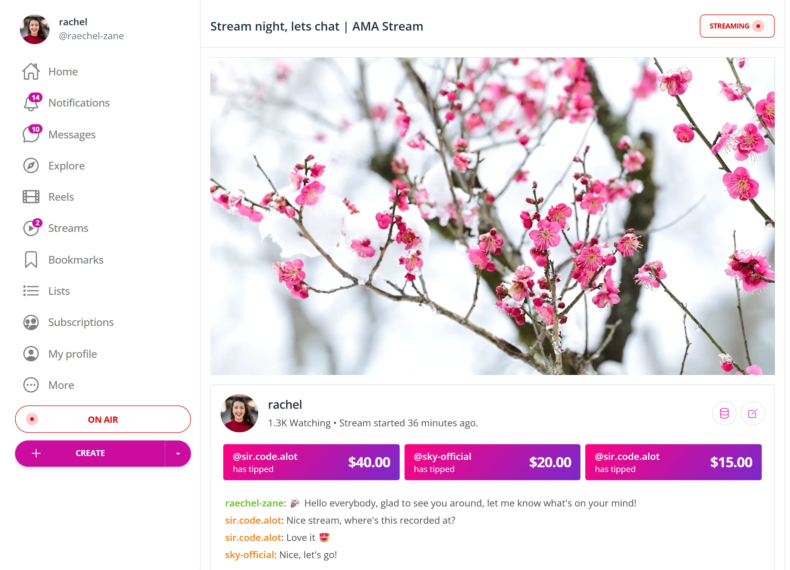 JustFans live stream page with video playback and live chat