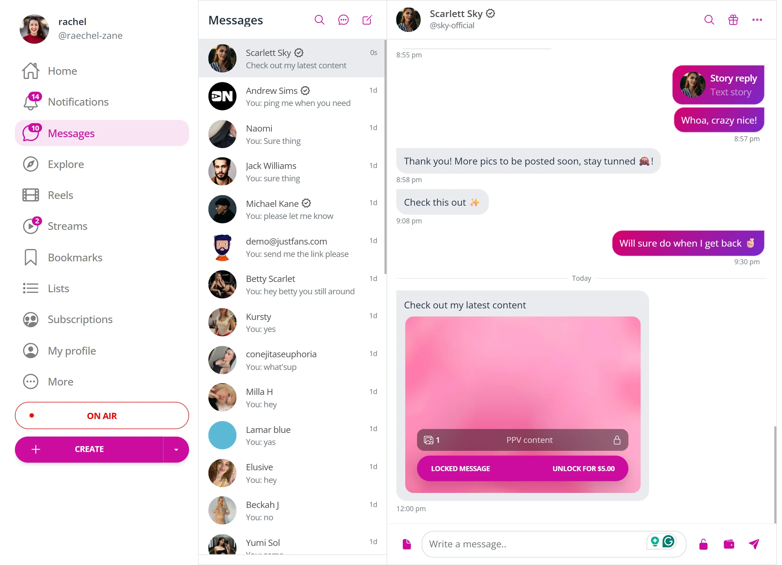 JustFans private messenger with story reply and locked message content