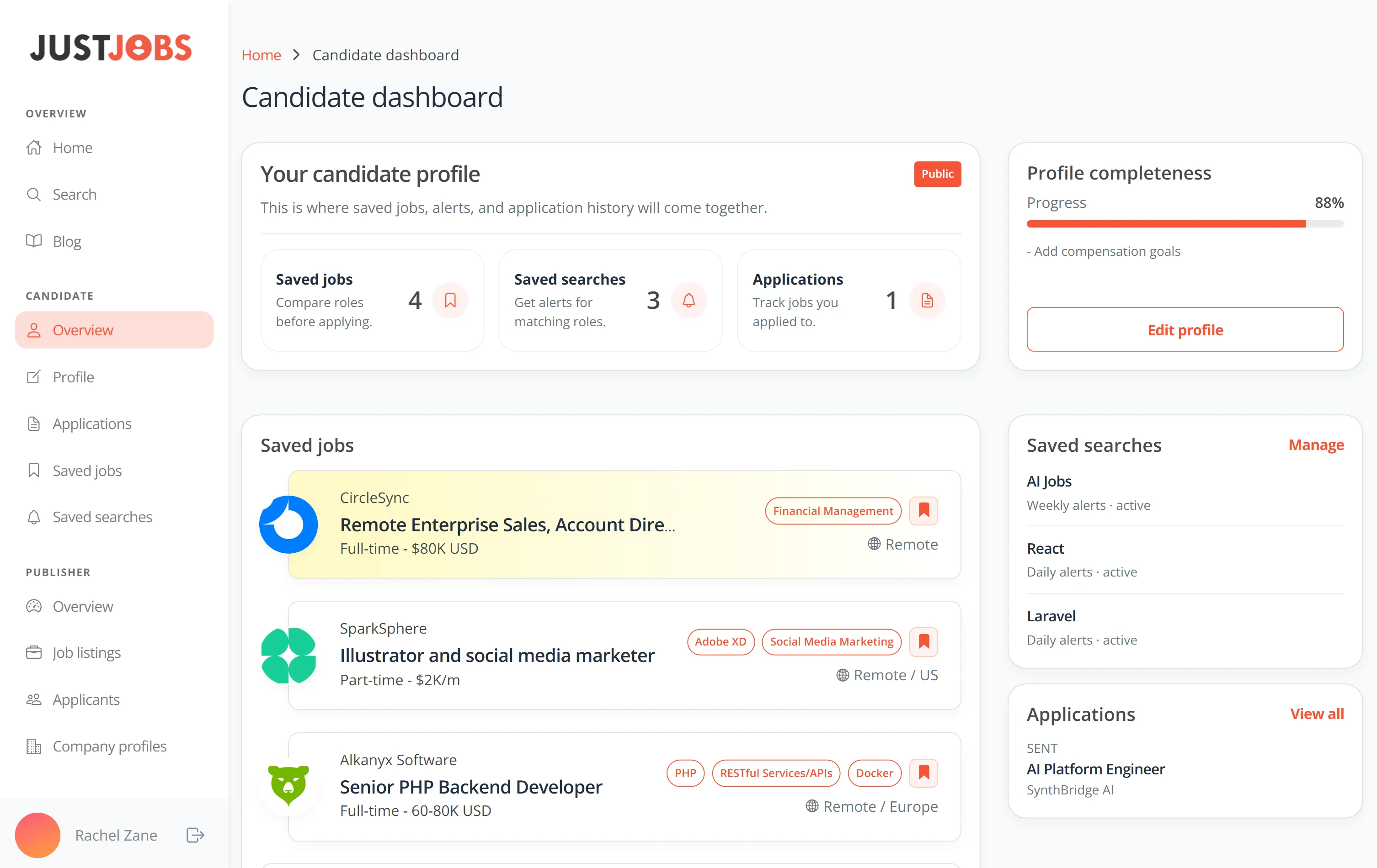 JustJobs candidate workspace dashboard