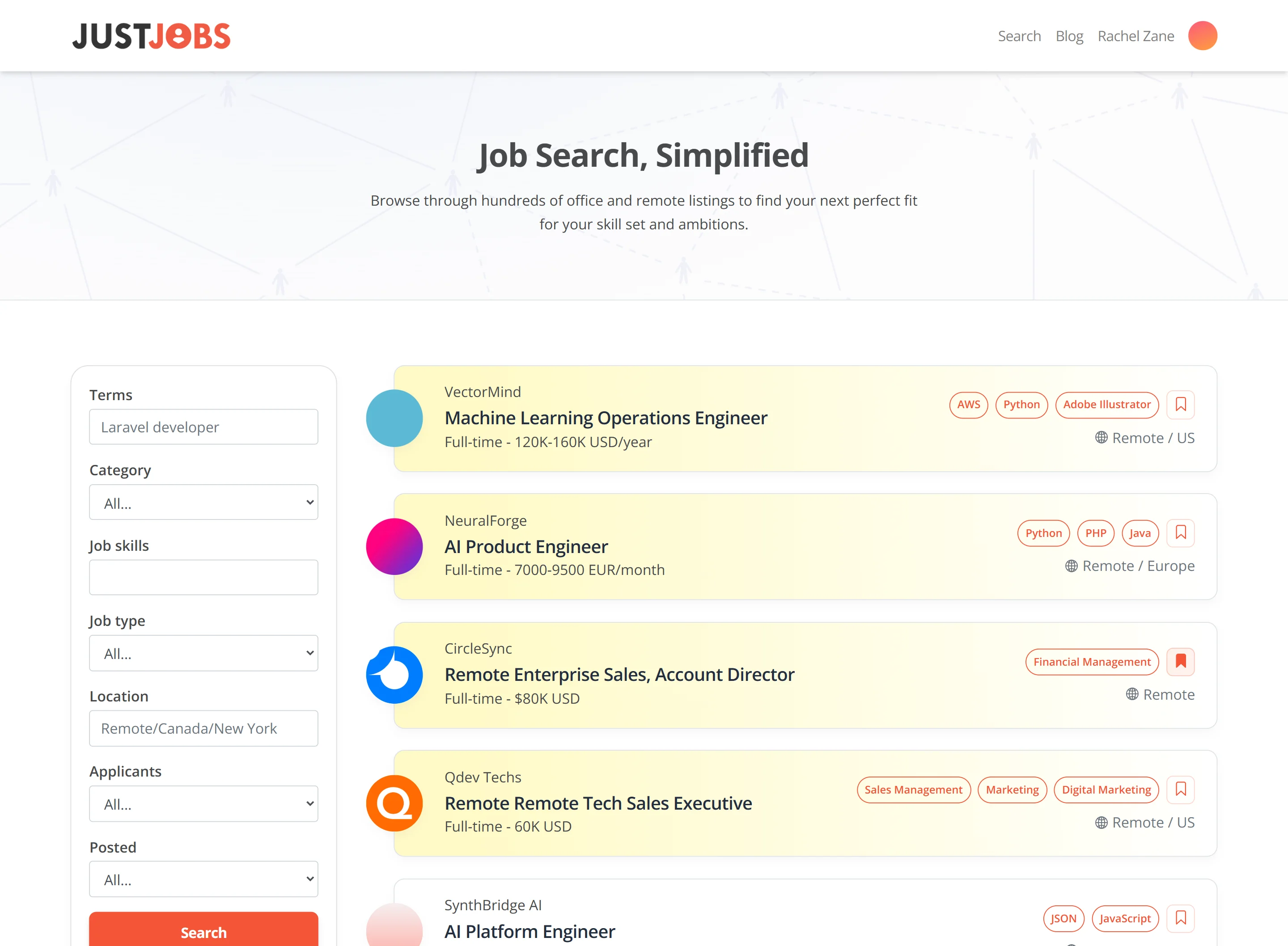 JustJobs product interface