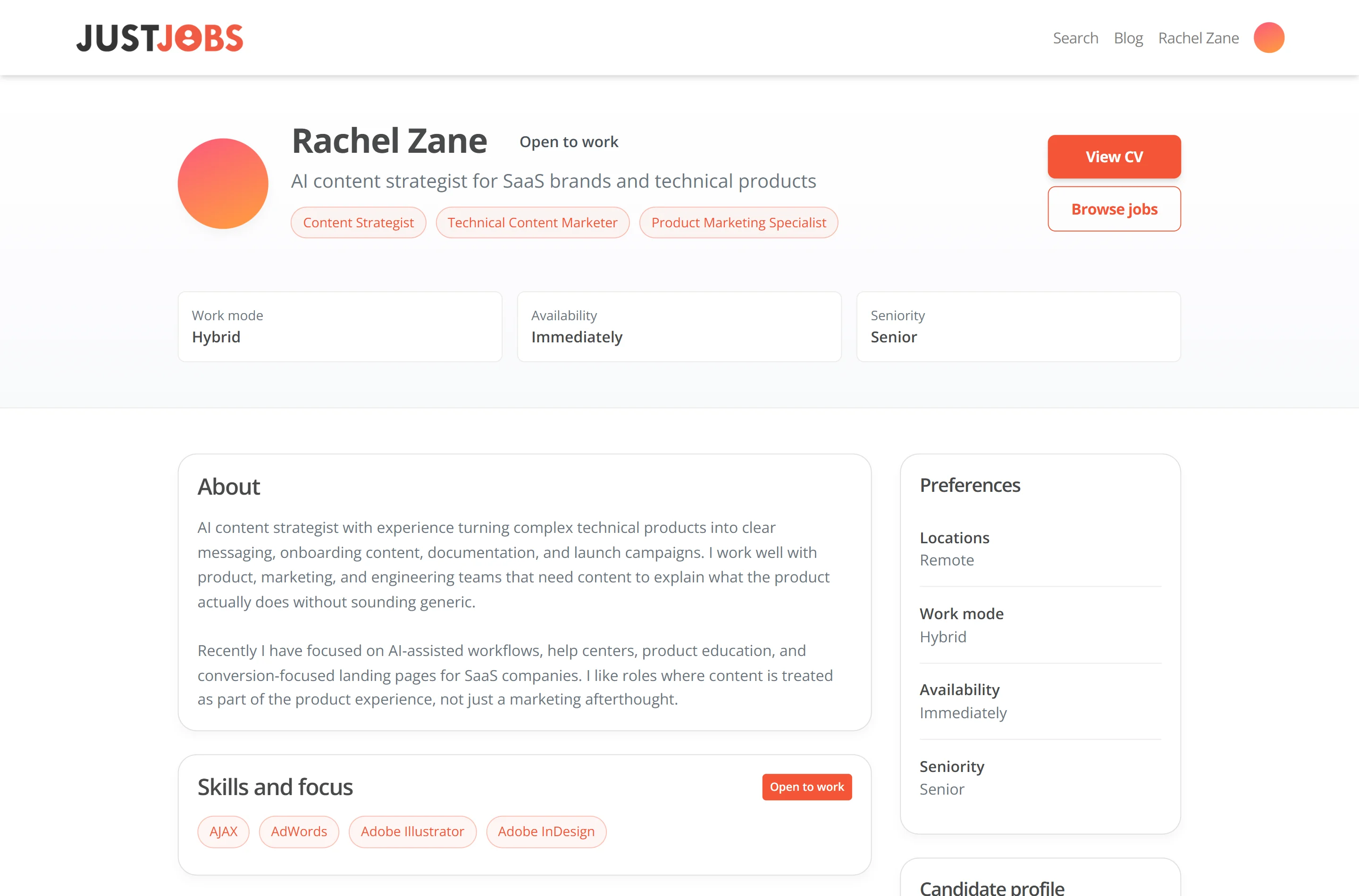 JustJobs public candidate talent profile